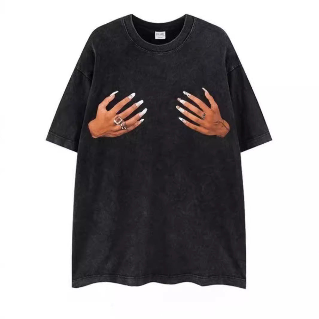 American Washed Distressed Spoof Finger Print Short Sleeve
