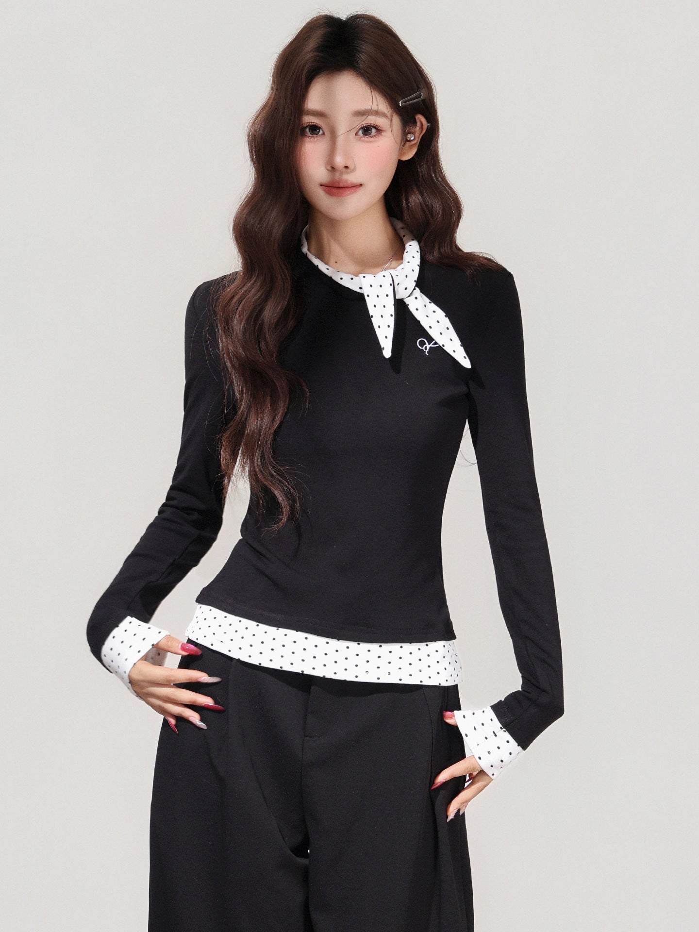 Women's Black Polka Dot Bow Fake Two-Piece Long Sleeve T-Shirt