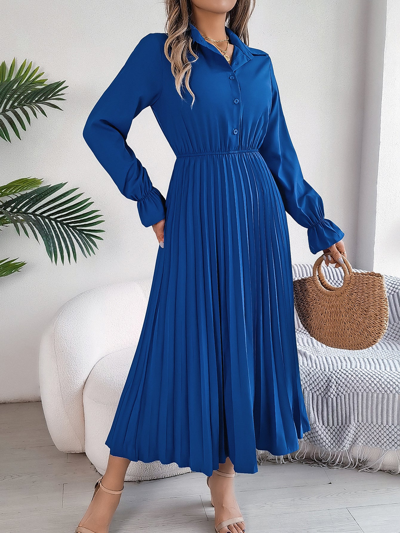 Women's Casual Lapel Button Long Sleeve Tie Waist Pleated Maxi Dress