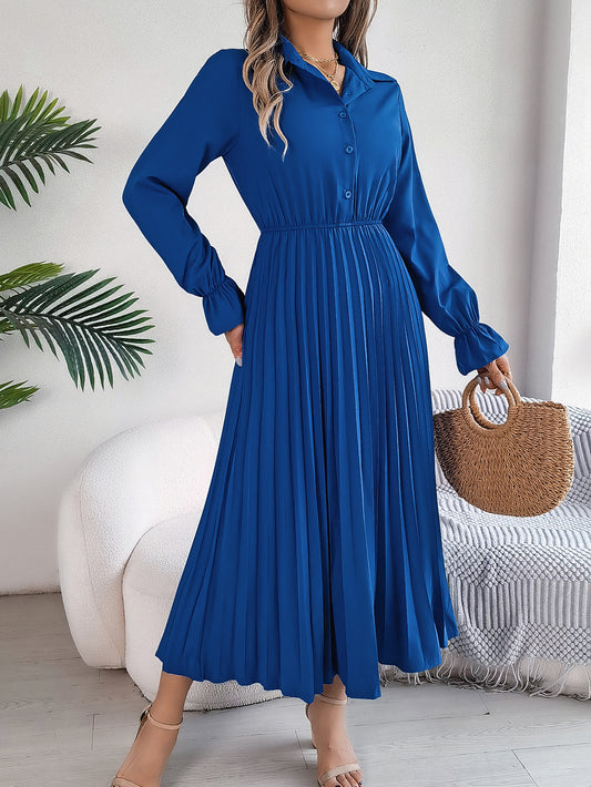 Women's Casual Lapel Button Long Sleeve Tie Waist Pleated Maxi Dress