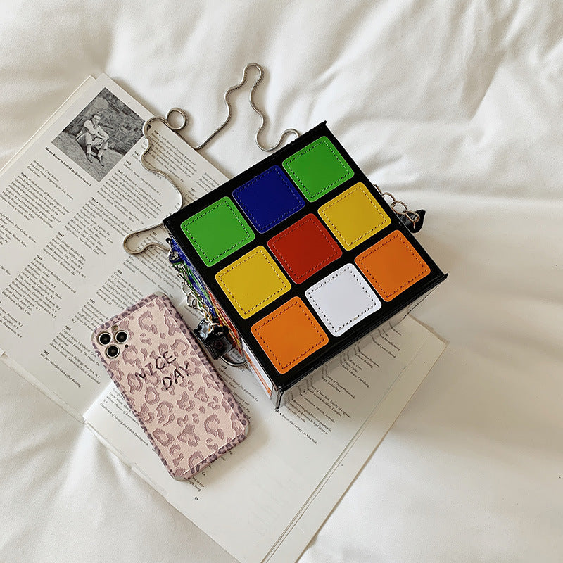 Fashion Color Contrast Cute Personality Creative Rubik's Cube Shape Portable Hand-carrying Chain Bag