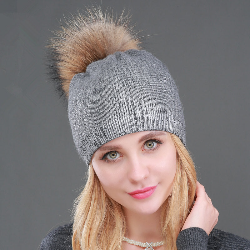 Warm Wool Knitted Hat Women's Hot Gold And Silver Color Women