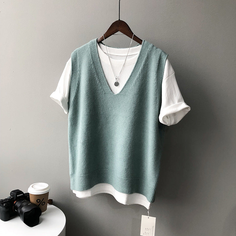 Preppy Style V-neck Loose And Idle Sleeveless Waistcoat BX045