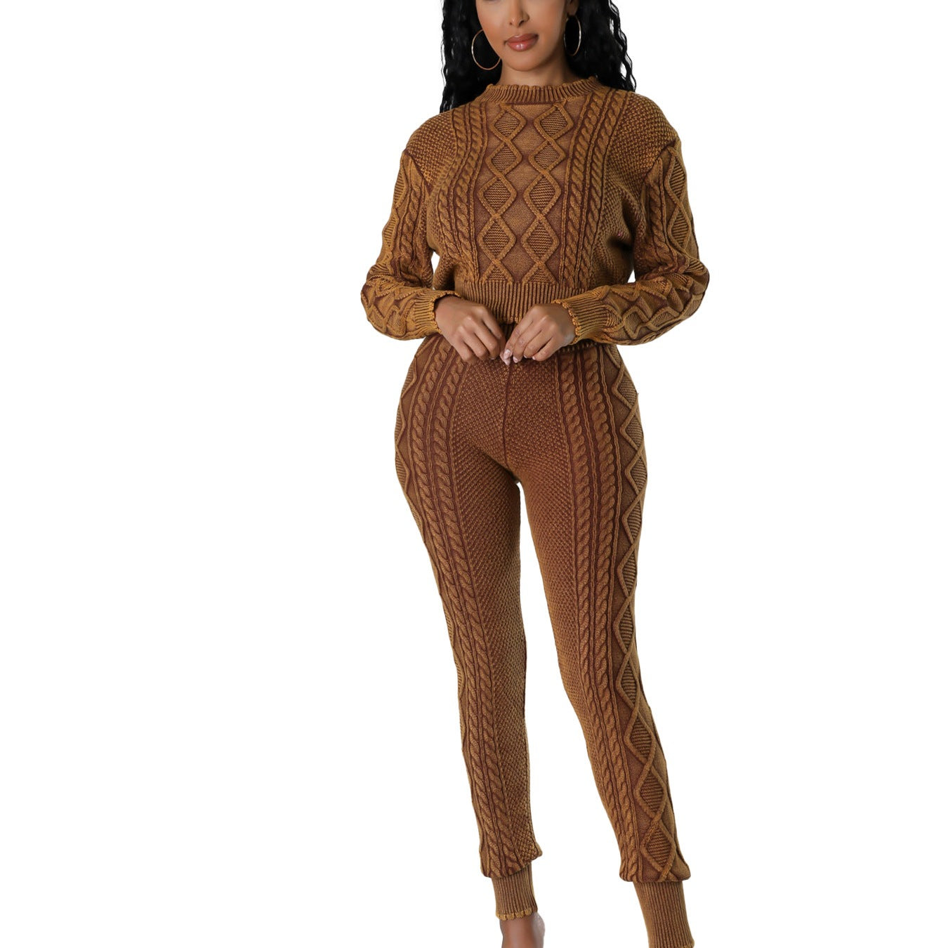 Women's Washable Vintage Knit Diamond Pattern Cable Sweater Set
