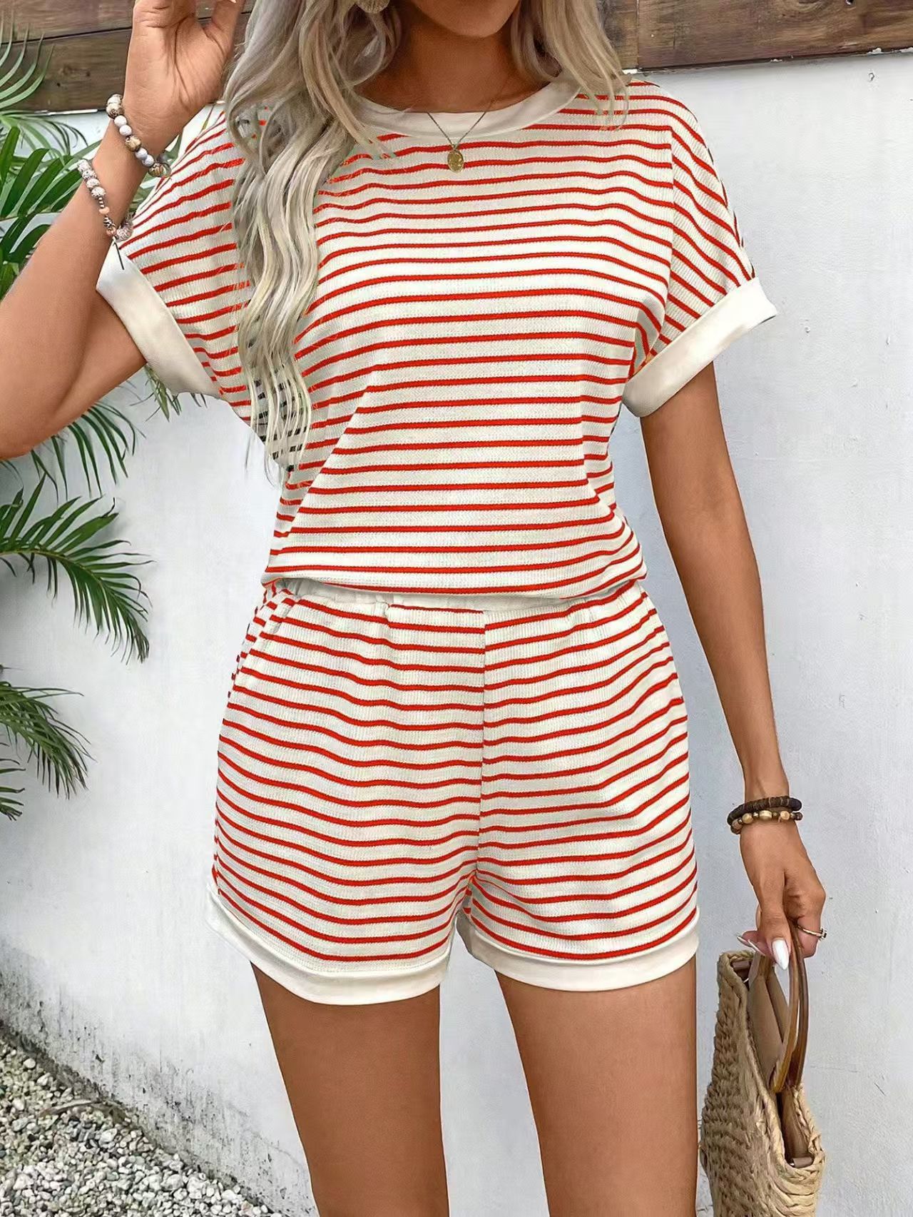 Womens Loose Casual Striped T-Shirt And Shorts Set