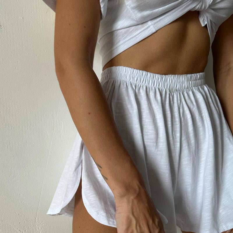 Solid-color Stylish Short-sleeve Top And Shorts Womens Loungewear Pajamas