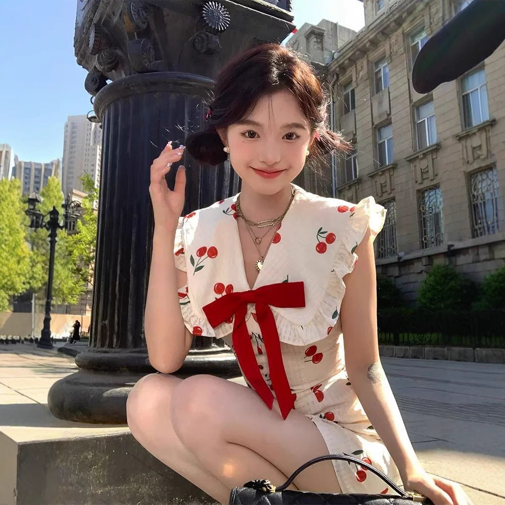 Fitted Slimming Cherry-Print Lapel Dress For Women