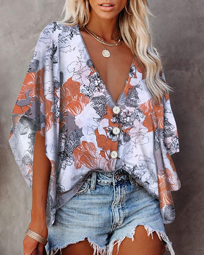 European And American Women's Printed Short Sleeve Shirt Flowers