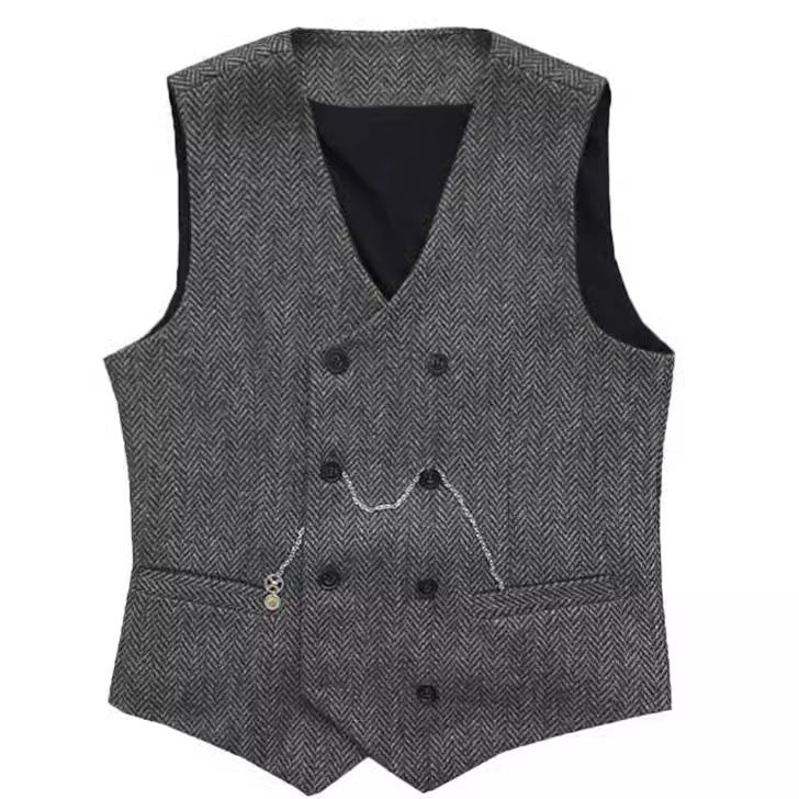 Men's Suit Vest Herringbone Pattern Faux Wool Vest Double Breasted V-neck