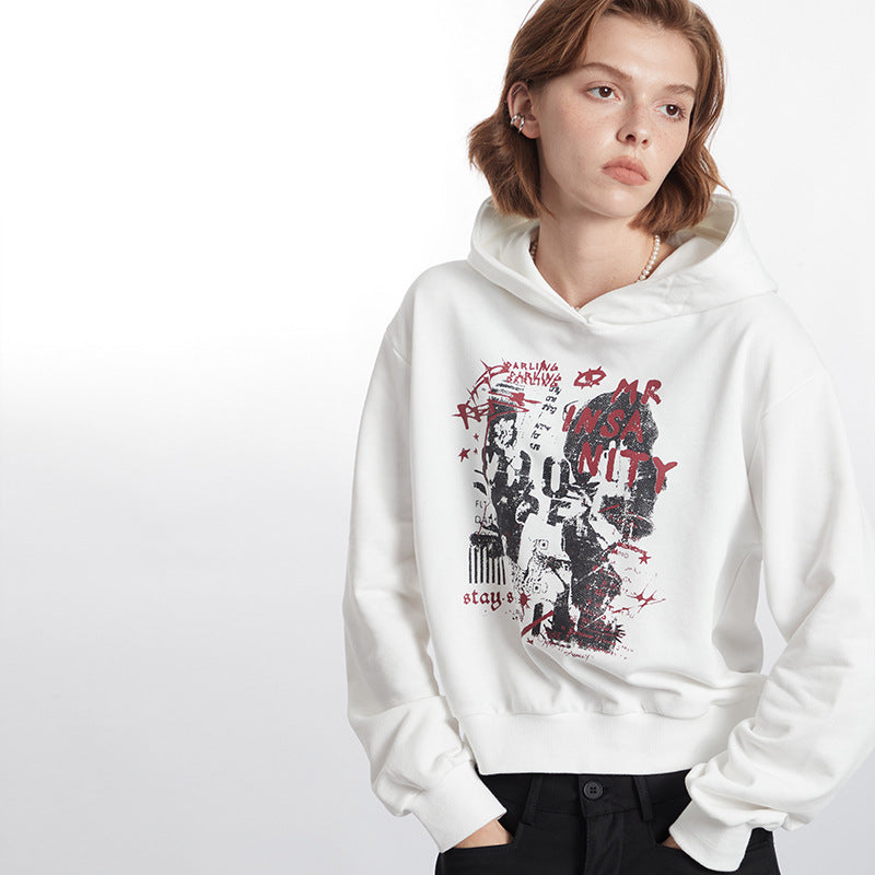 Letter Printed Hoodie Women's Retro Hooded Short