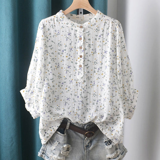 Double-layer Cotton Yarn Shirt Floral Stand Collar Loose