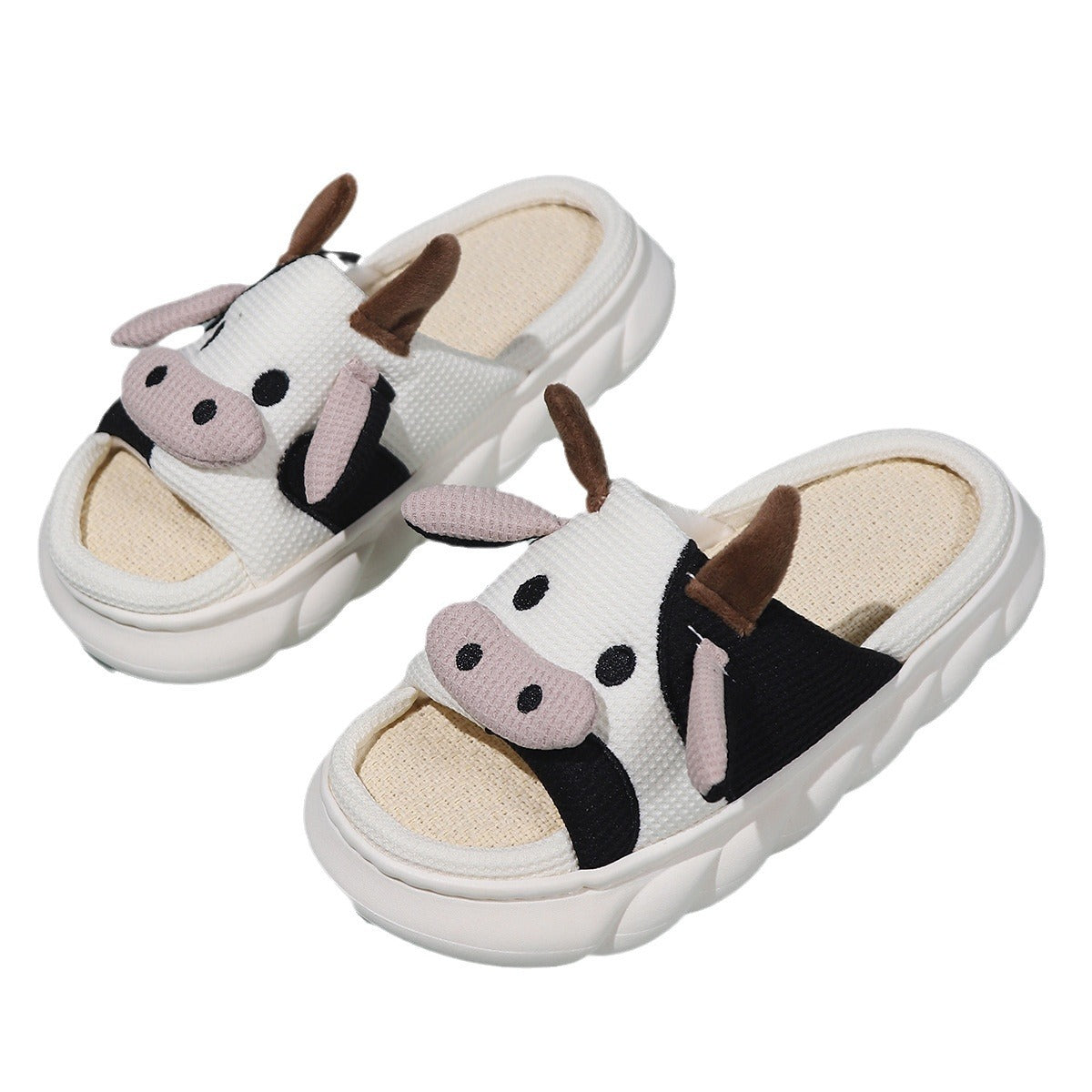 Cute Cow Linen Shit Feeling Interior Non-slip Deodorant Outer Wear Platform Slippers