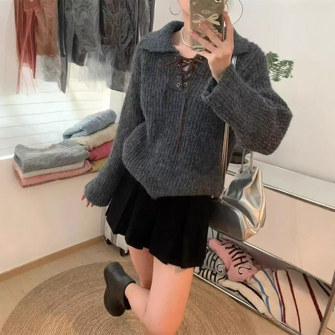 Loose Top Vintage Lace-up Polo Collar Women's Sweater