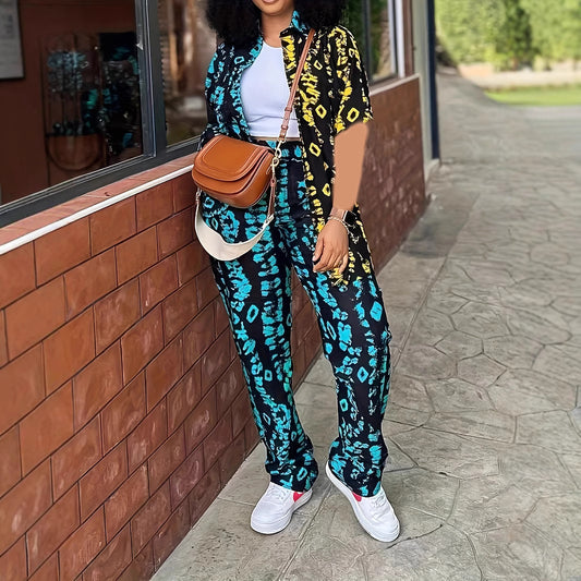 Casual Plant-patterned Short-sleeve Set