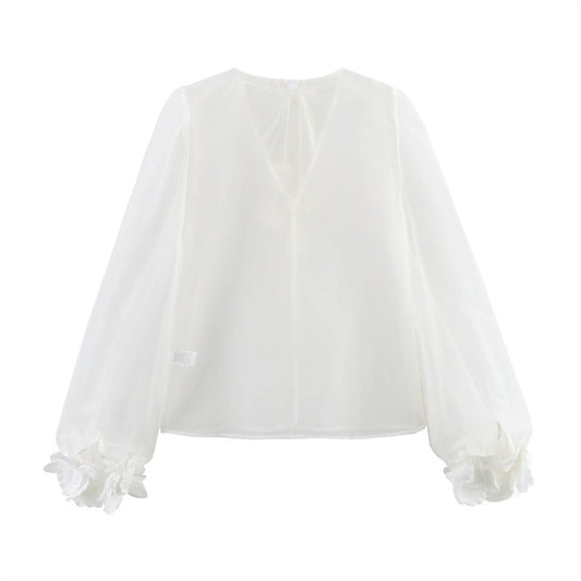 V-neck Puff Sleeve Three-dimensional Flower Decoration Sheer Top