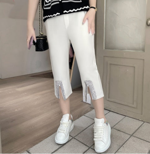 High Waist Cropped Pants Elastic All Match Hot Drill Casual