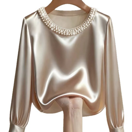 Simple Solid-Color Fashionable Beaded Crew-Neck Long-Sleeve Womens T-Shirt