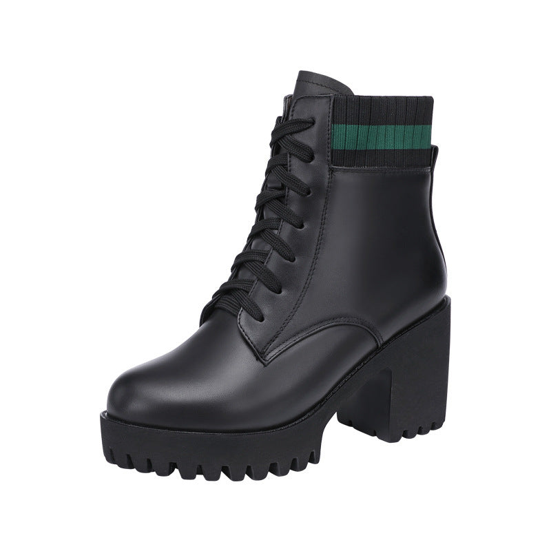 Women's Round Toe Lace Up Chunky High Heel Solid Color All-match Ankle Boots