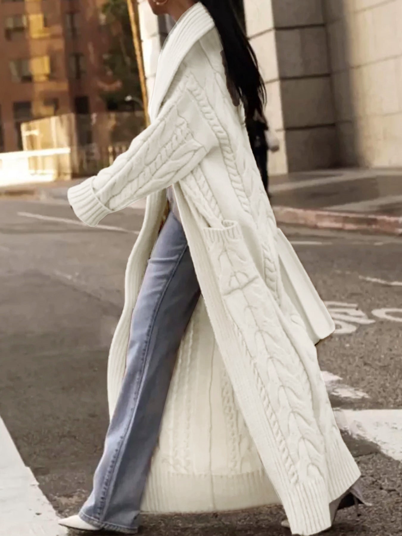 Women's Solid Color Thick Hemp Flowers Large Lapel Long Cardigan Sweater Coat