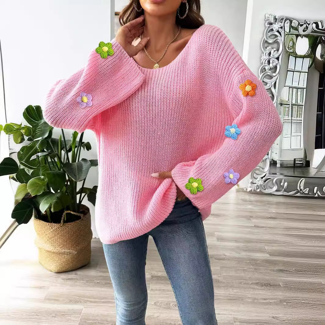 Womens Hand-Crocheted Floral Patchwork Flare-Sleeve Sweater