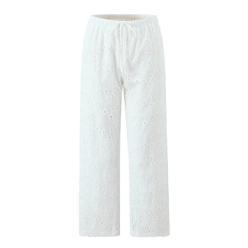 Hollow Embroidery Lace-up Straight-leg Pants