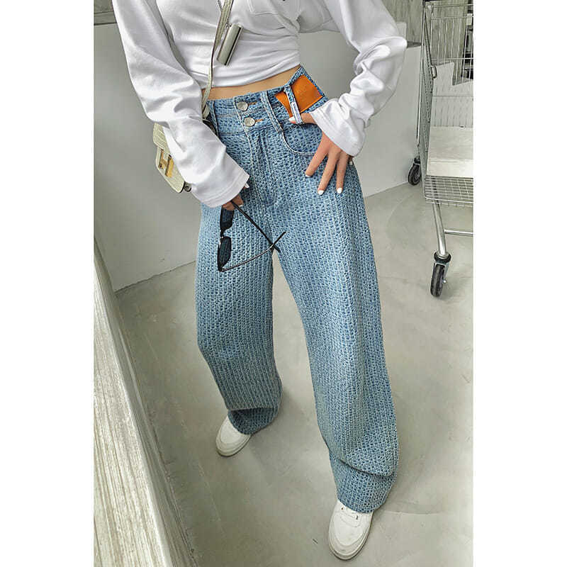 Light Blue High Waist Fashion Wide Leg Braided Jeans