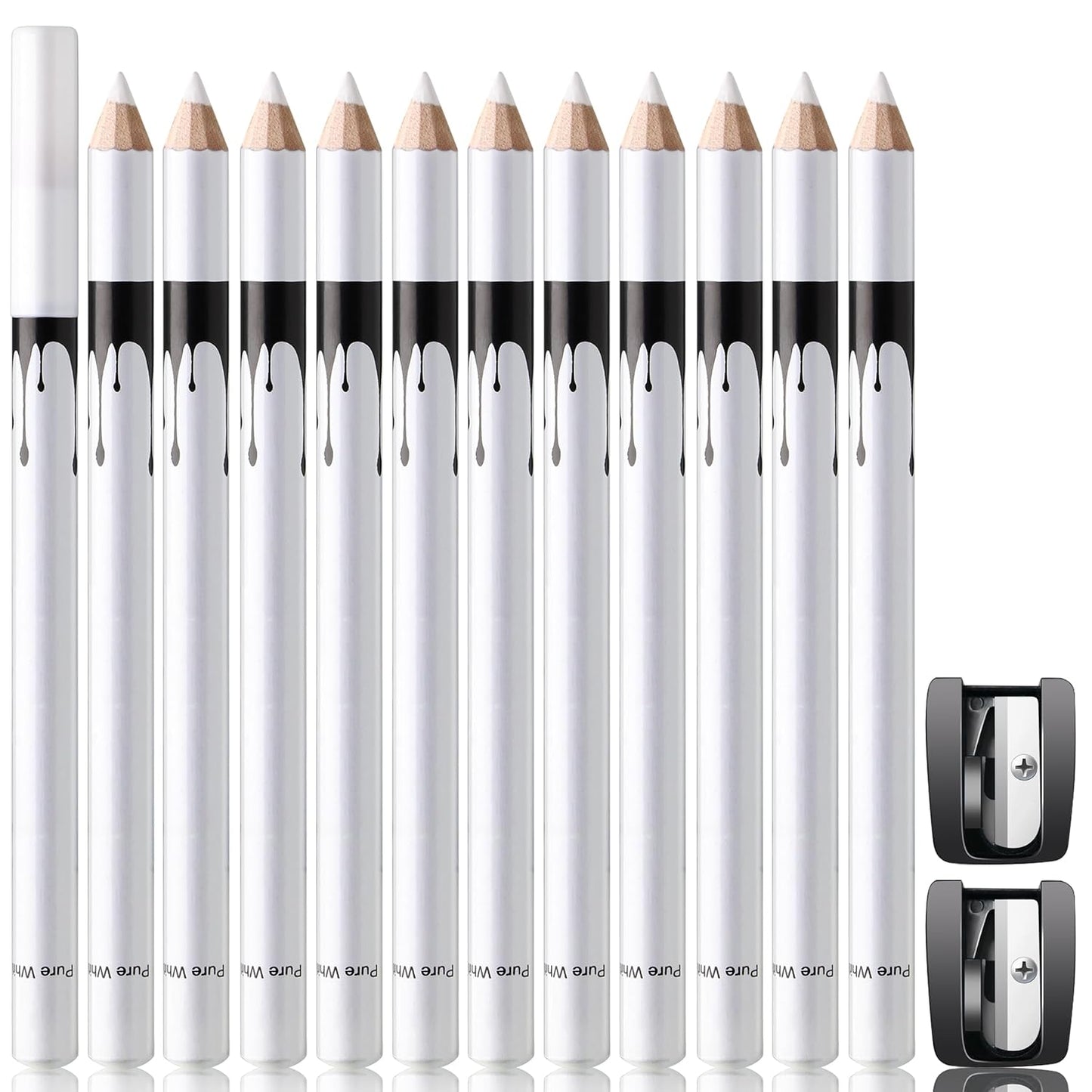 12 Piece White And Black Eyeliner Pencil Set  For Eyebrows, Eyeshadow And Lips. Includes Sharpener. Waterproof , Long-lasting