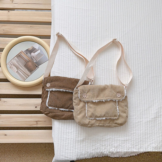 Retro Corduroy Solid Color Personalized Button Children's Cross Body Shoulder Bag