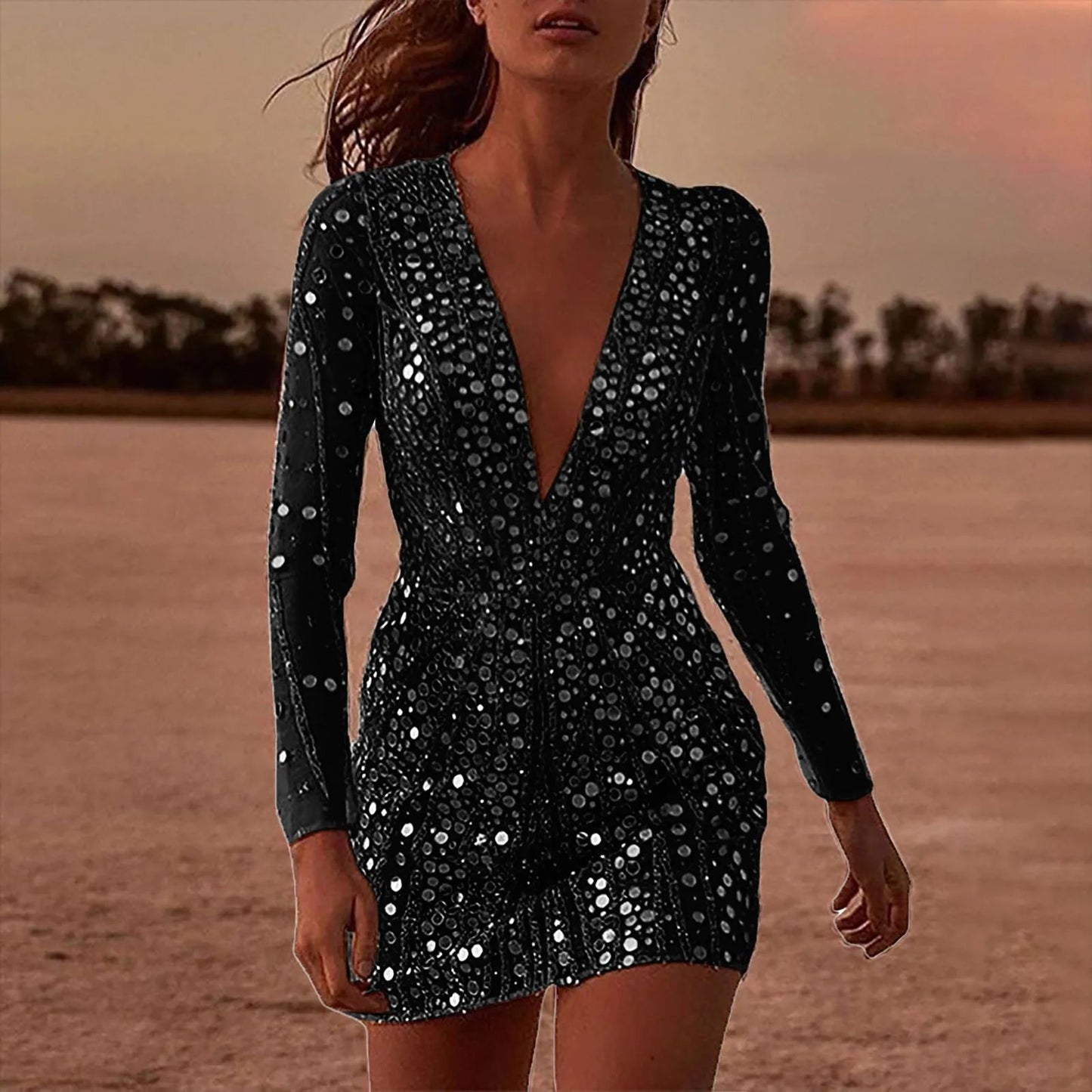 Deep V Sheer Gold Embellished Bodycon Dress With Long Sleeves