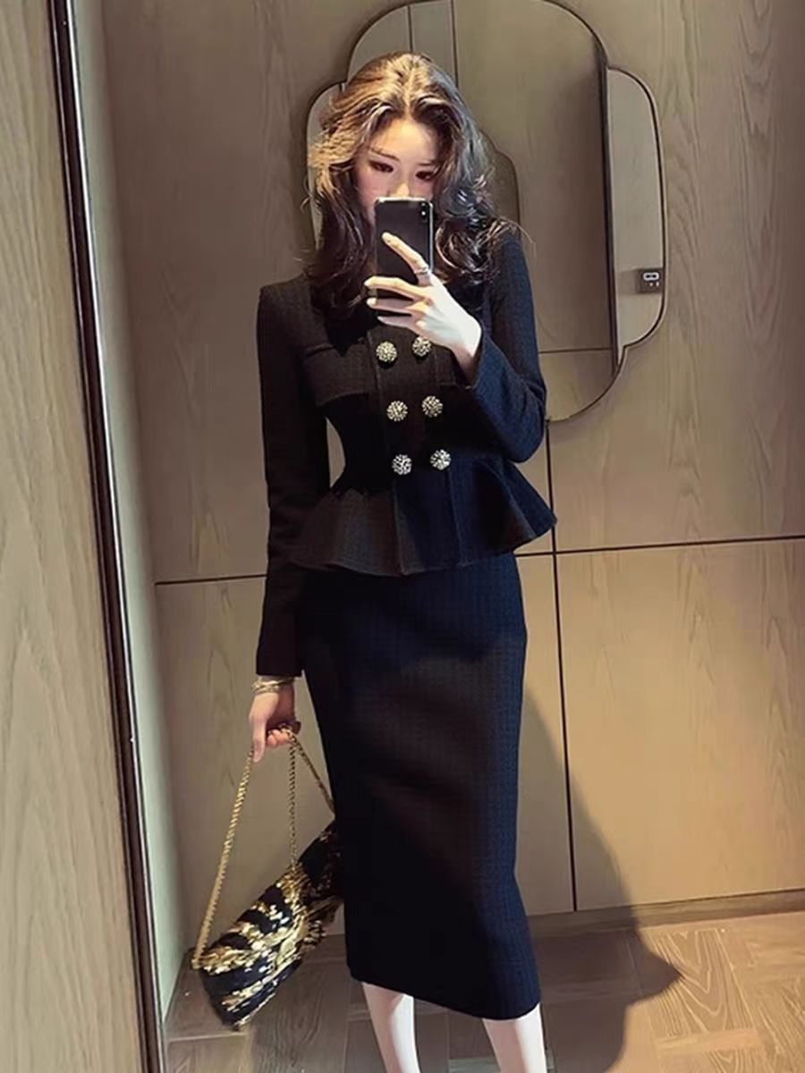 High-fashion Black Coat And Skirt Set