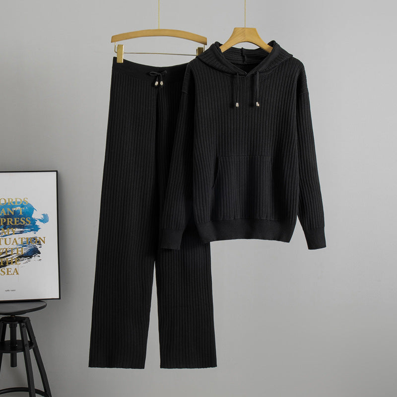 Hooded Knitted Sweater Set With Ribbed Detailing Casual Outfit