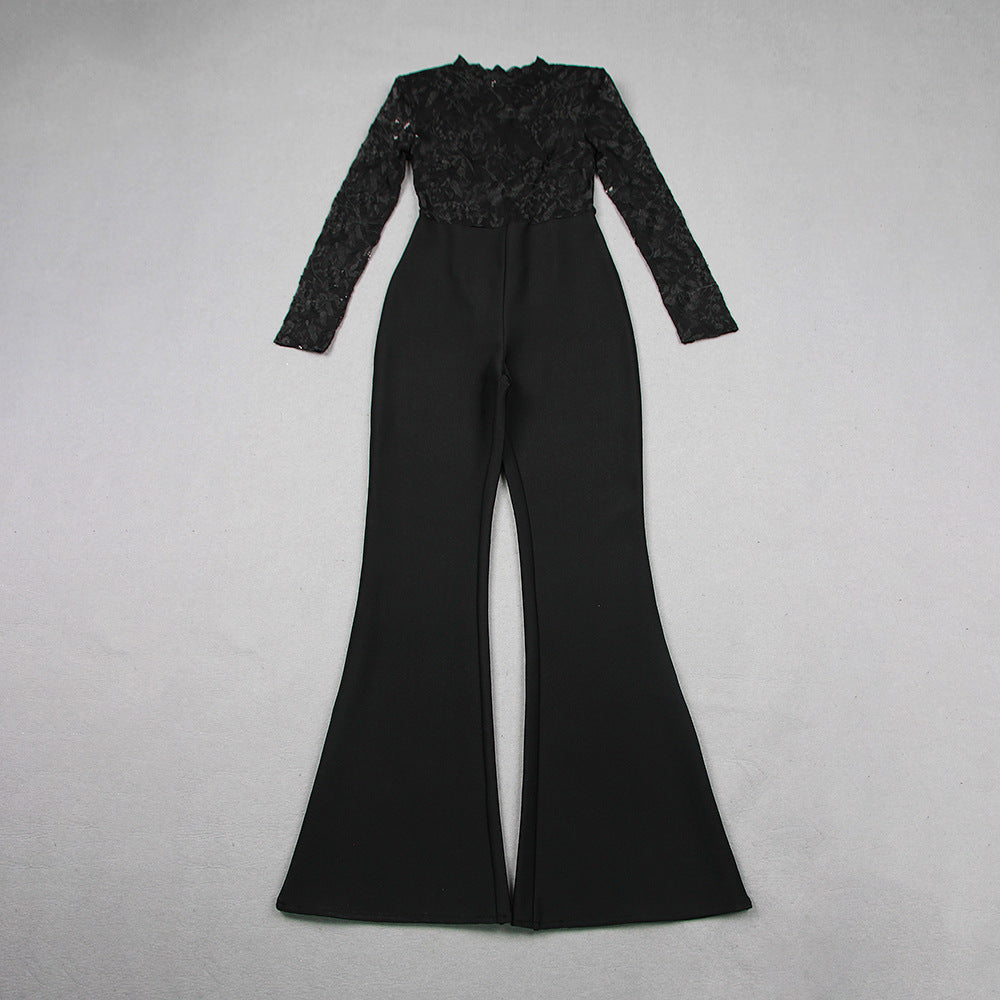 Fashionable See-through Lace Bandage Long-sleeved Trousers Women's Evening Dress Jumpsuit