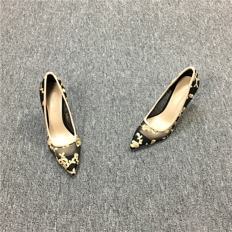 Shallow High Heels Stiletto Pointed Flower Mesh Lace All-match Single Shoes