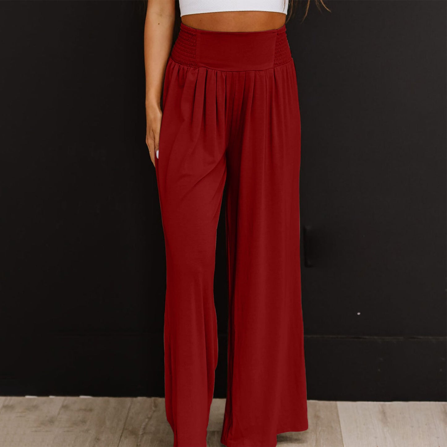 Women's Casual Cotton And Linen Smocking Distressed Mid-waist Trousers