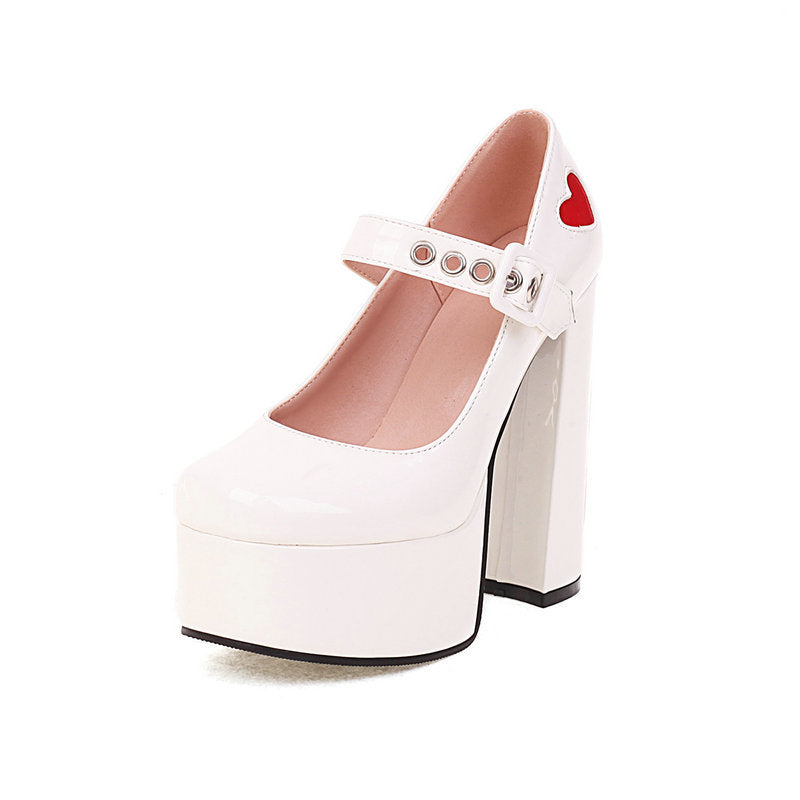Patent Leather Heart Style Square Toe Thick-soled Chunky French High-heeled Shoes