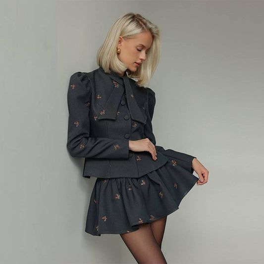 Womens Elegant Gray Commuter Dress Set With Floral Print And Long Sleeves