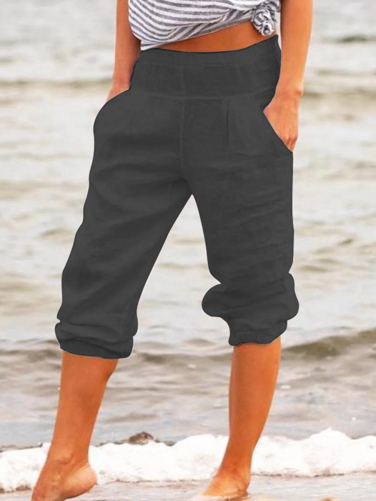Casual Solid Color Cotton And Linen Cropped Trousers