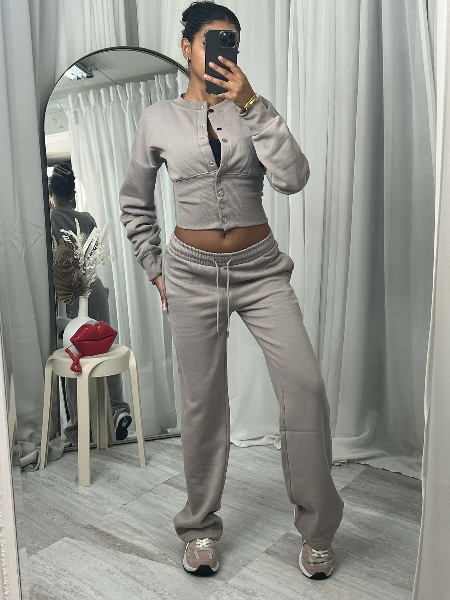 Springautumn New Casual Set Solid Color Buttoned Up