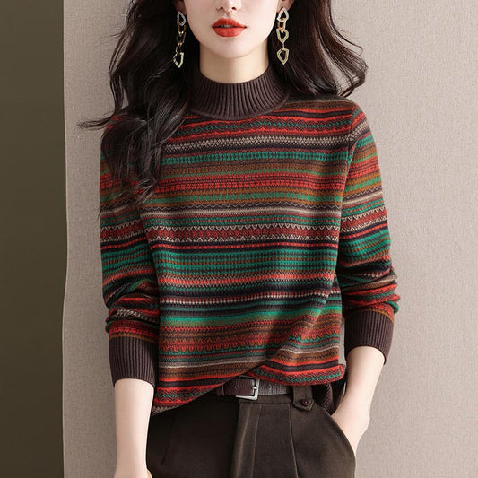Half Turtleneck Retro Brocade Sweater Women's All-matching Western Style