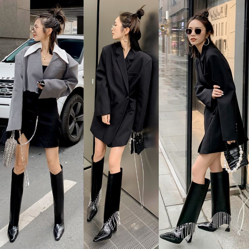 Slim Rhinestone Fringed Cowhide Trousers Boots