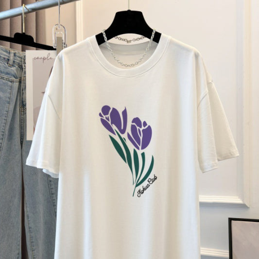 Combed Cotton Printed Summer Clothing Short Sleeve T-shirt Women's Loose Korean Style