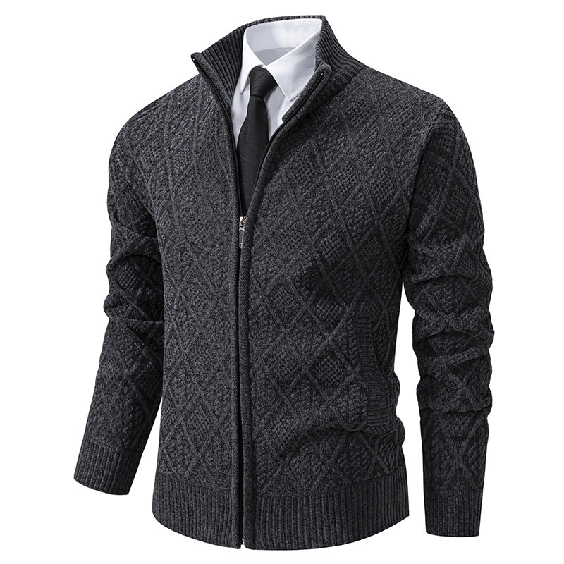 Fall Winter Men Fleece-lined Thickening Stand Collar Sweater Korean Style Casual Zipper Sweater Coat