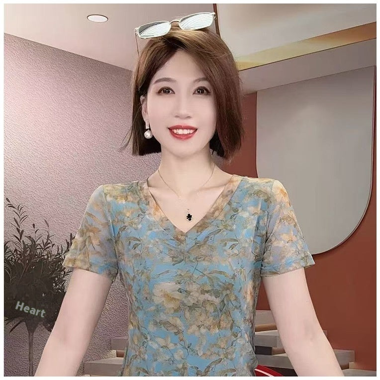 New V-neck Slimming Short Sleeve Floral Bottoming Top Temperament Women