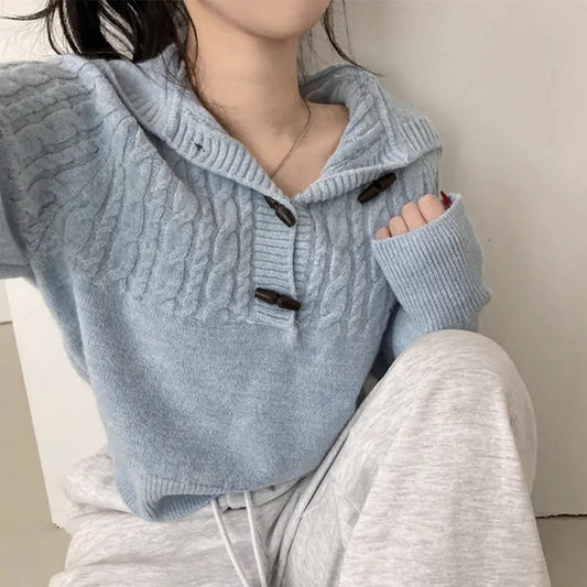 Hemp Pattern Horn Button Long-sleeved Knitted Sweater