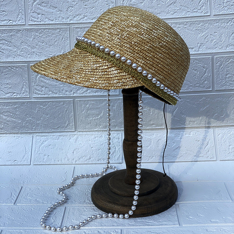 Handmade Pearl Chain Black Straw Hat