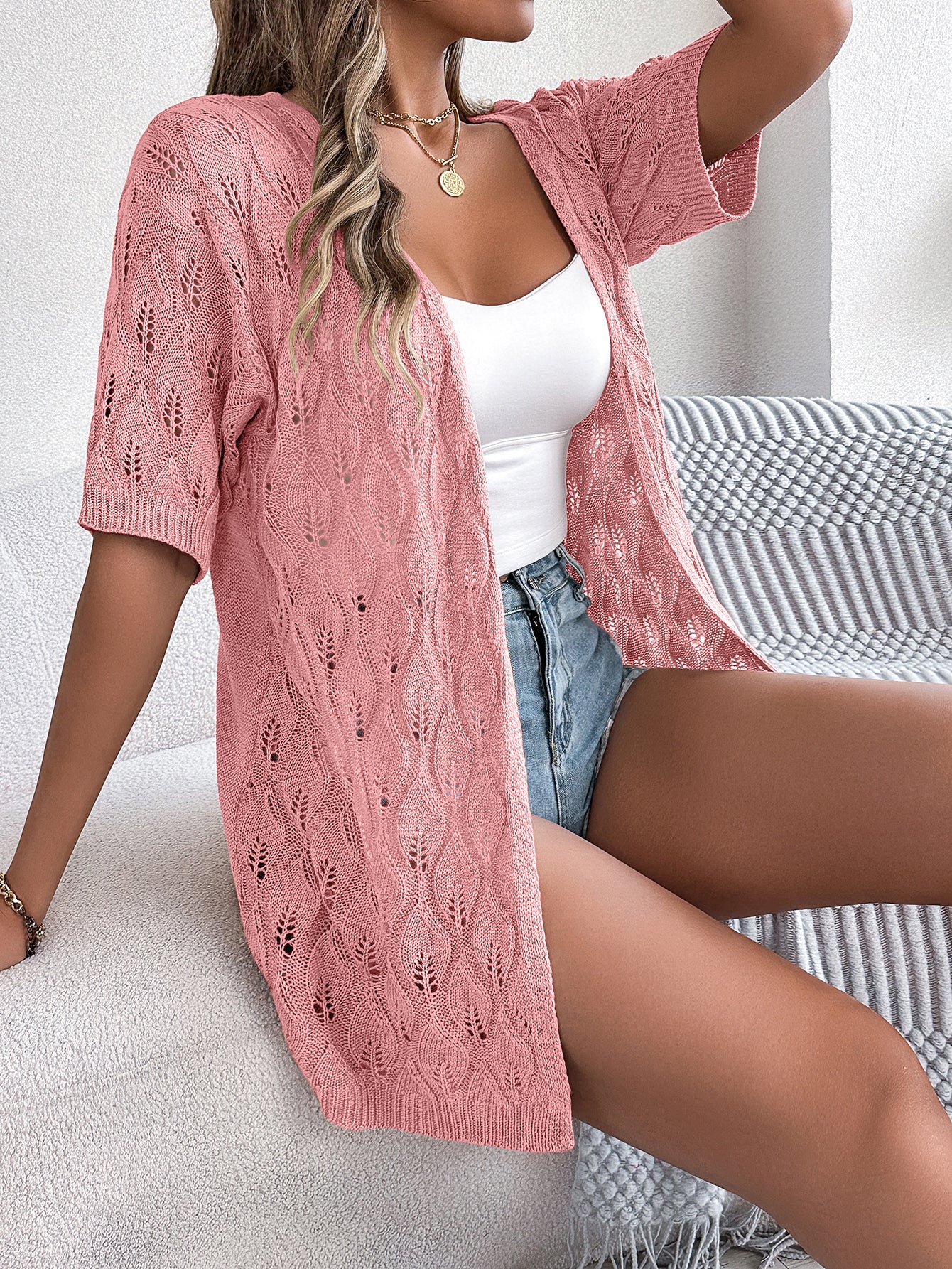 Women S Leaf Hollow Out Short Sleeve Knit Cardigan Vacation Cover-Up