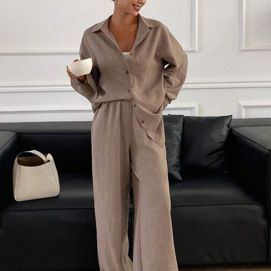 Loose Profile Long Sleeve Shirt High Waist Drooping Wide Leg Pants Two-piece Set