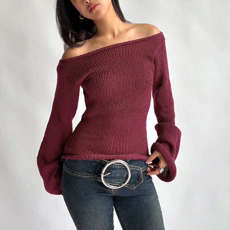 New Solid Color Slim-fit Bell Sleeve T-shirt With Boat Neck