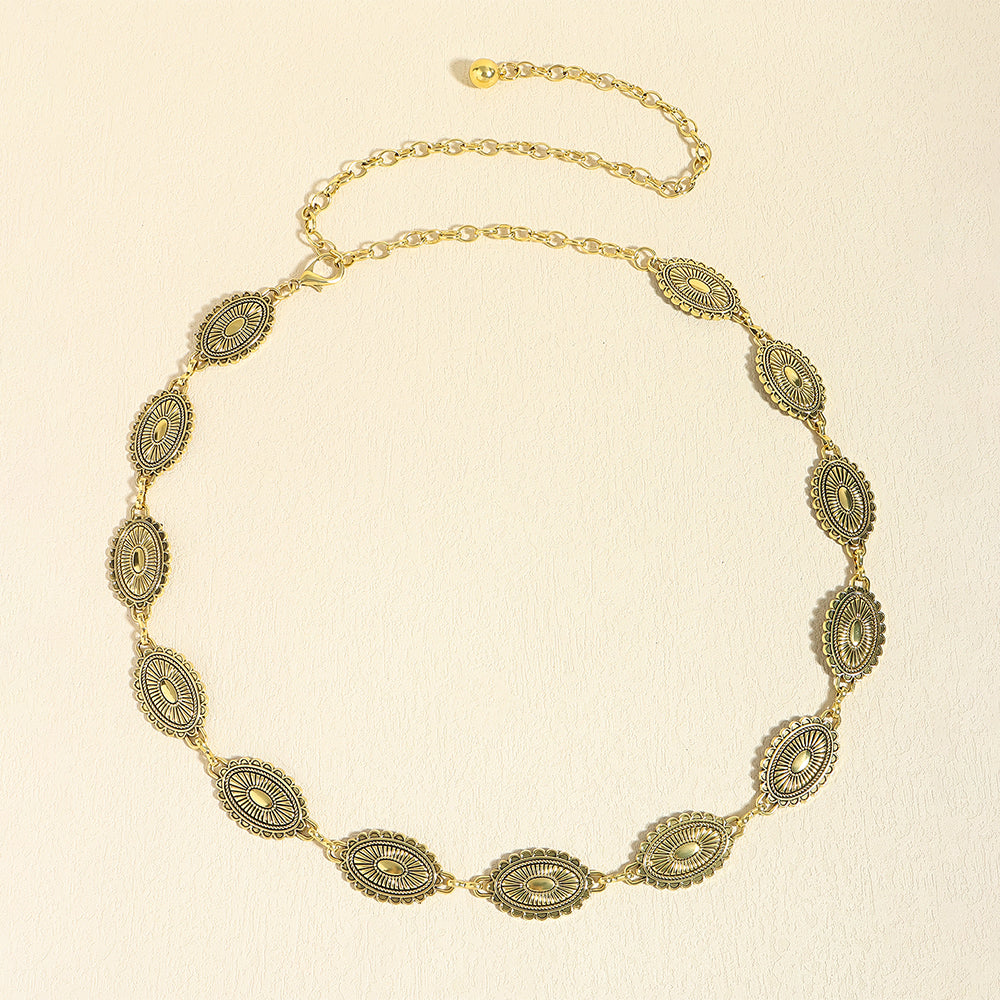 Retro National Style Carved Ancient Gold And Silver Metal Waist Chain Sexy Elegant Women's Dress Senior Sense Decorative Belt