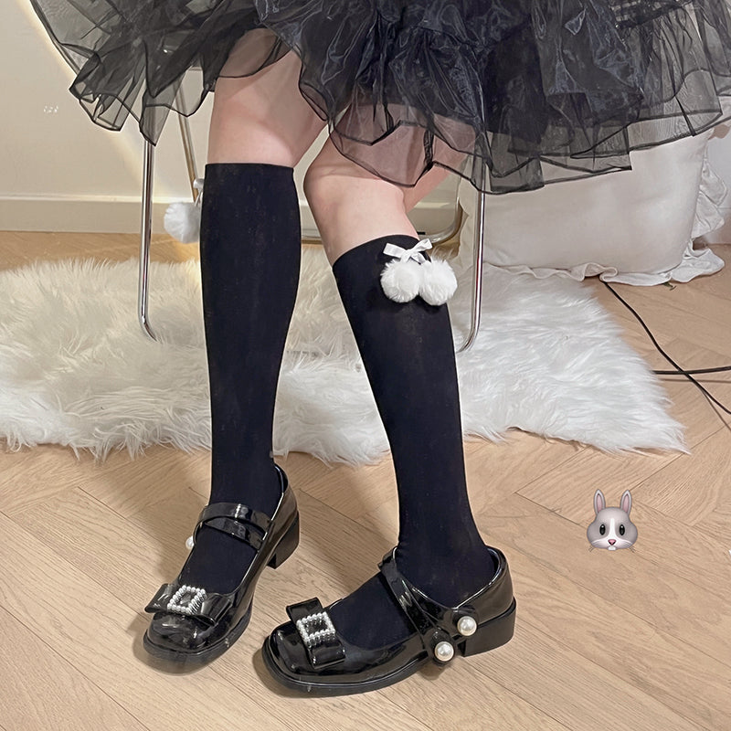 Lolita Women's Autumn Bow Maid Lace Fur Ball Socks